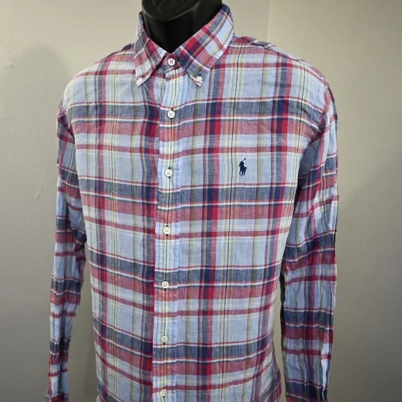 Polo Ralph Lauren Dress Shirt 100% Linen Plaid Classic Fit Long Sleeve Men Large - Picture 2 of 10